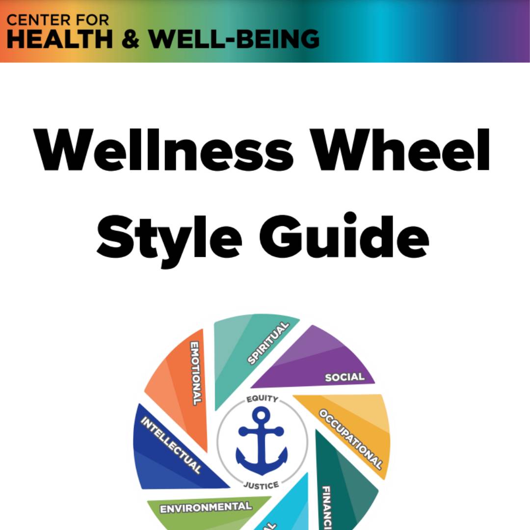 Image of the cover of the Wellness Wheel Style Guide with a rainbow of colors at the top and bottom and an image of the GVSU wellness wheel graphic
